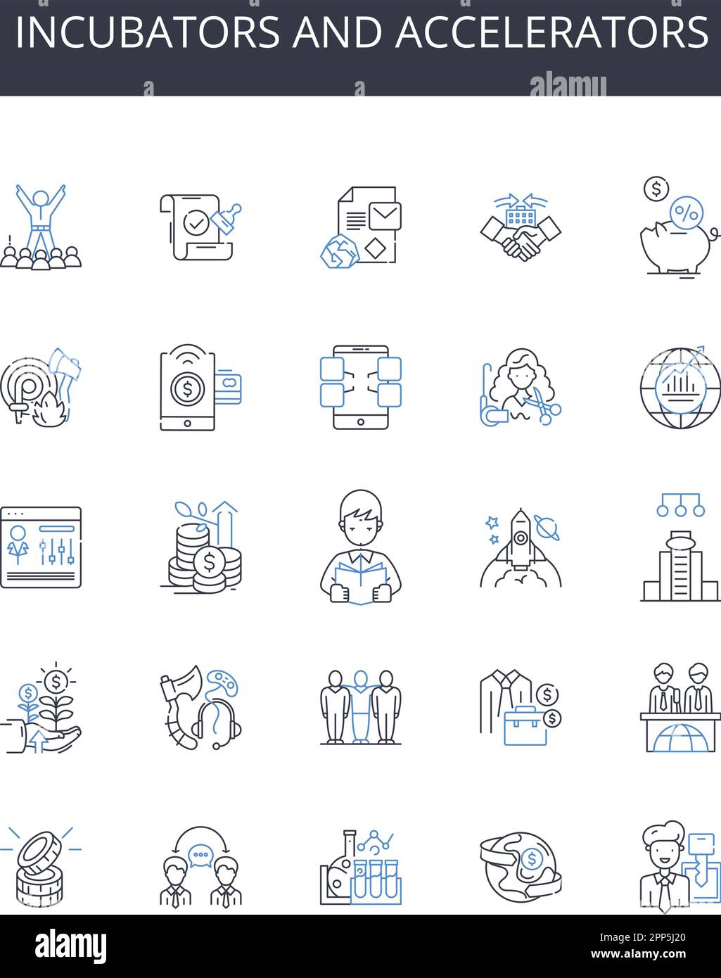 Collection d'icônes de la gamme incubateurs et accélérateurs. Laboratoires de démarrage, studios Venture, centres d'innovation, bailleurs de fonds Seed, centres d'entrepreneurs, Croissance Illustration de Vecteur