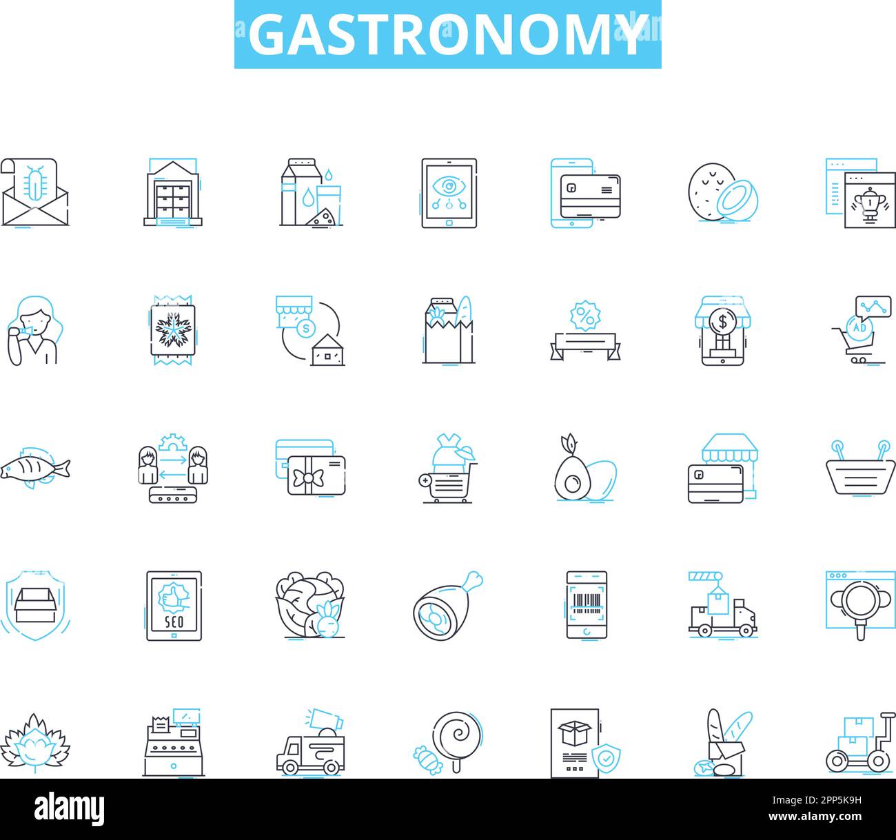 Ensemble d'icônes linéaires de gastronomie. Cuisine, nourriture, culinaire, gastronomique, salé, Délicieux, savoureux vecteur de ligne et des signes de concept. Savoureux, agréable Illustration de Vecteur