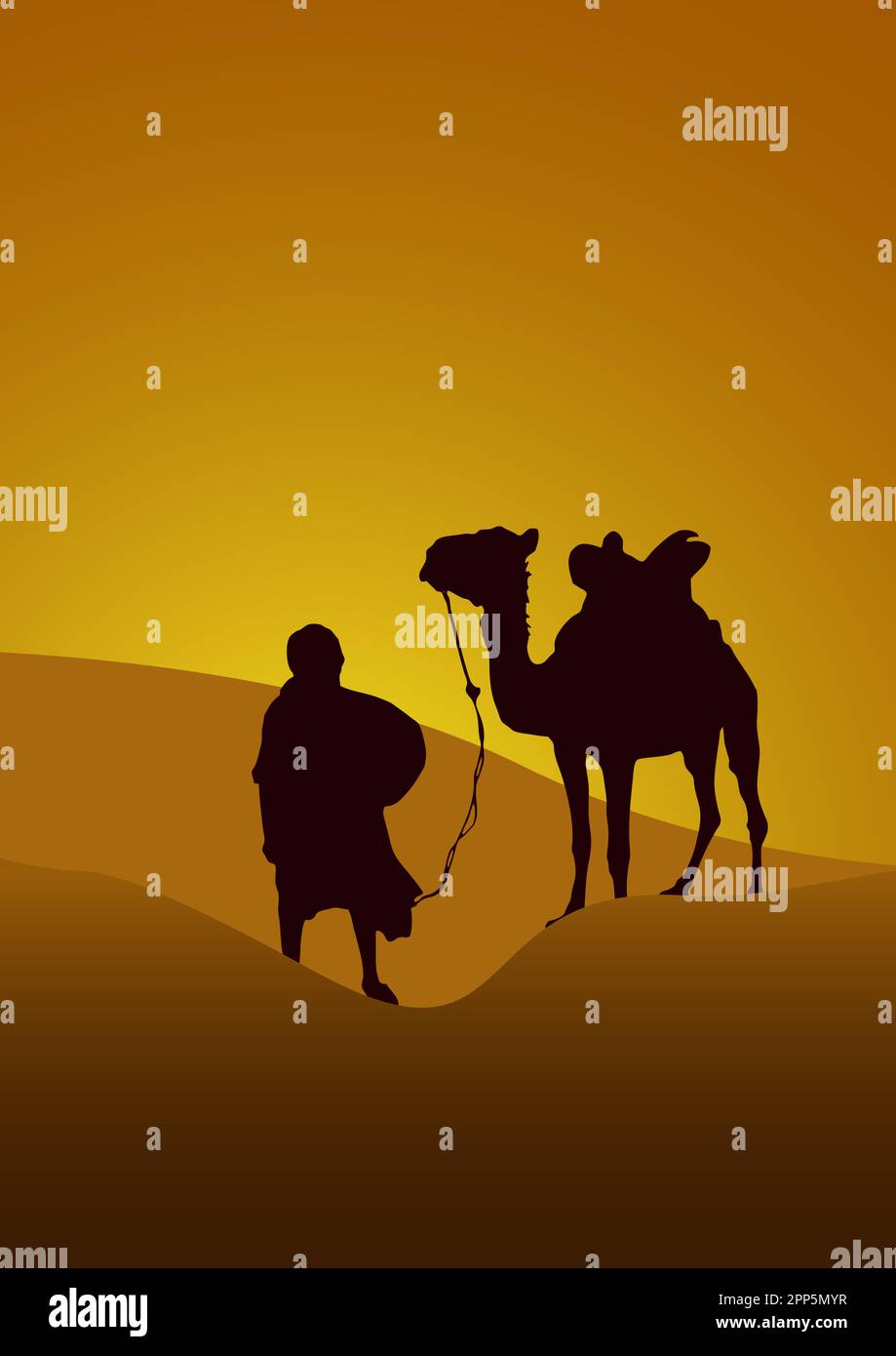 caravane dans le désert, coucher de soleil. Poster vecteur chameau et bédouin dans le Sahara en silhouette Illustration de Vecteur