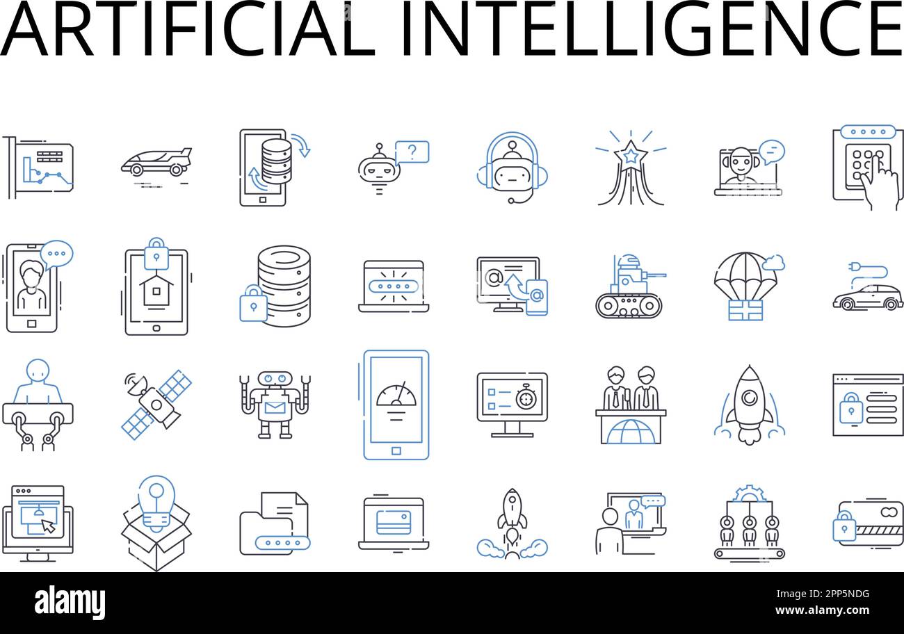 Collection d'icônes de ligne d'intelligence artificielle. Apprentissage machine, informatique cognitive, automatisation numérique, systèmes autonomes, intelligence robotique Illustration de Vecteur