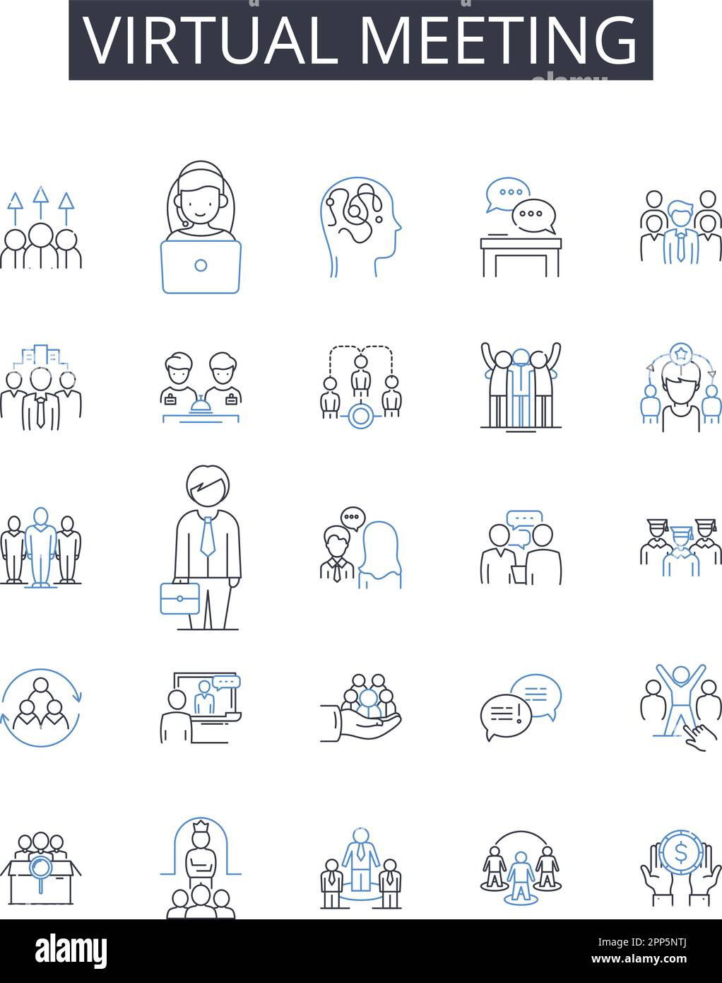 Collection d'icônes de ligne de réunion virtuelle. Conférence en ligne, rassemblement numérique, présentation à distance, assemblage électronique, session de webinaire, Chat vidéo Illustration de Vecteur