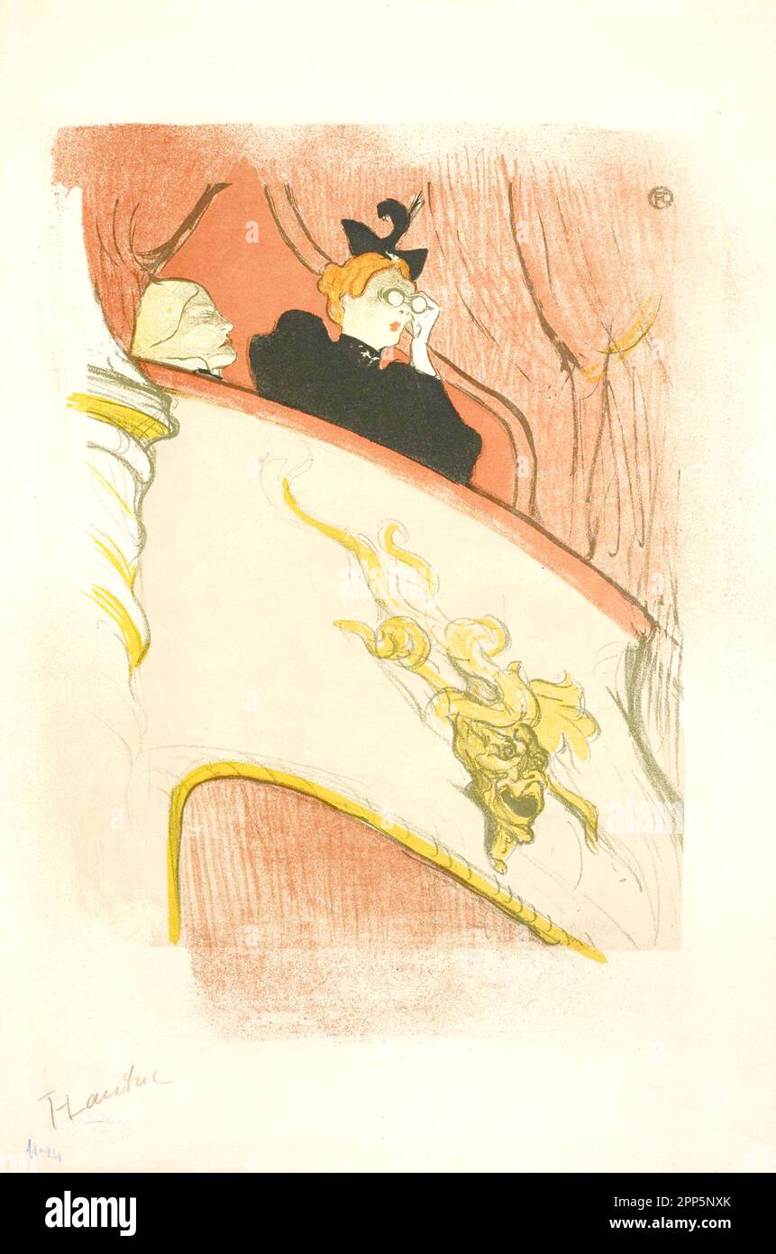 Henri de Toulouse-Lautrec - une femme aux cheveux rouges vêtue d'une robe noire regarde à travers des lunettes d'opéra, probablement l'interprète Jane avril - 1893 Banque D'Images