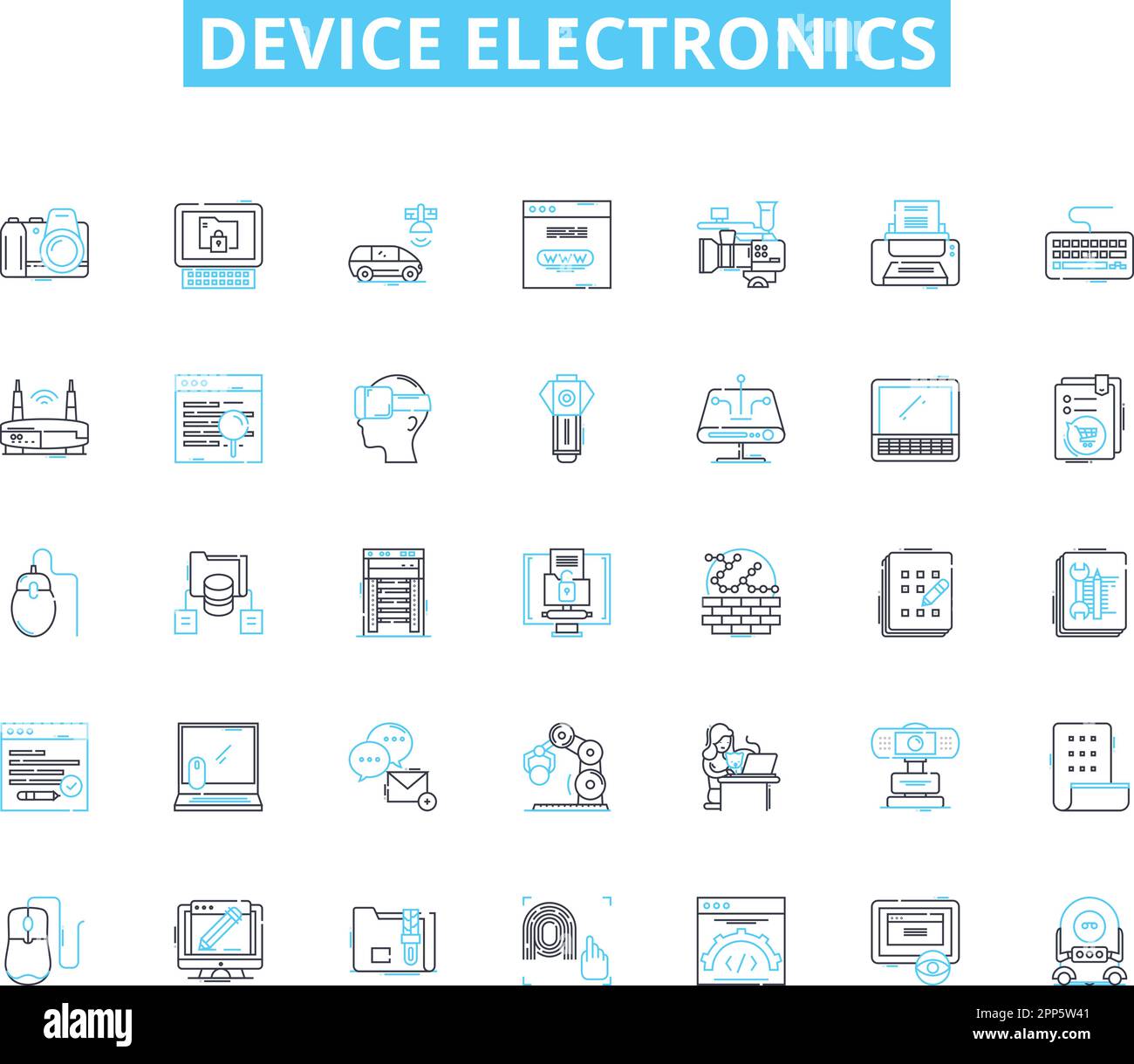 Ensemble d'icônes linéaires de l'électronique du périphérique. Smartph, tablette, ordinateur portable, ordinateur, moniteur, Clavier, vecteur de ligne de souris et signes de concept. Imprimante,en-têtes Illustration de Vecteur