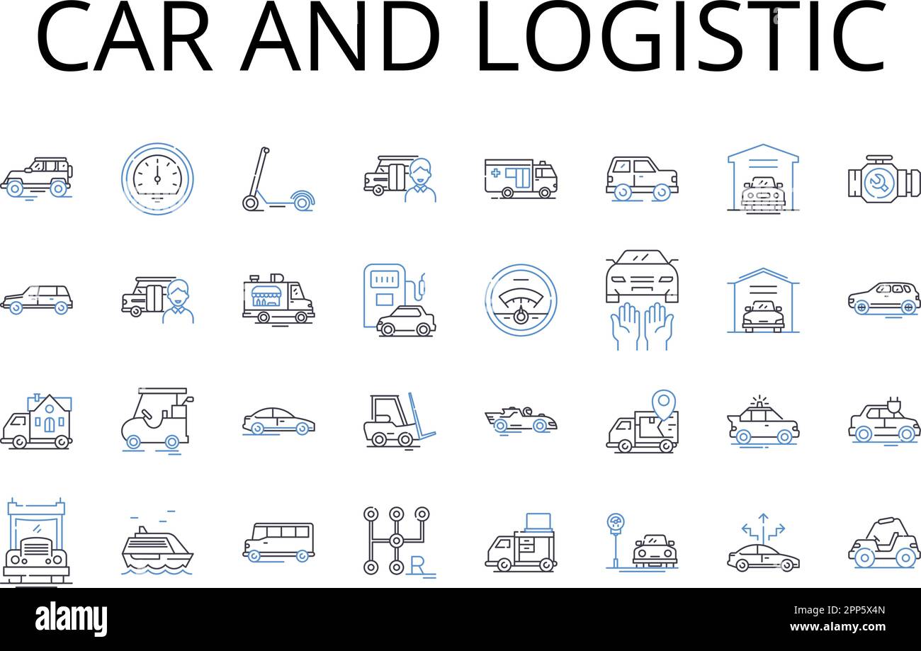 Collection d'icônes de voitures et de lignes logistiques. Véhicule et transport, automobile et transport, camion et transport, vélo et transport, fourgonnette et Illustration de Vecteur