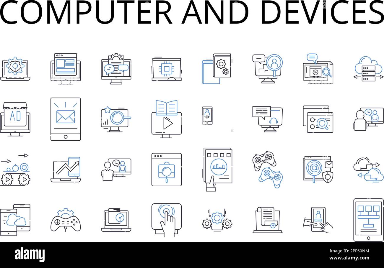 Collection d'icônes de ligne d'ordinateur et de périphériques. PC, ordinateur portable, tablette, smartphone, montre intelligente, illustration de bureau, vecteur de serveur et linéaire. console de jeux Illustration de Vecteur