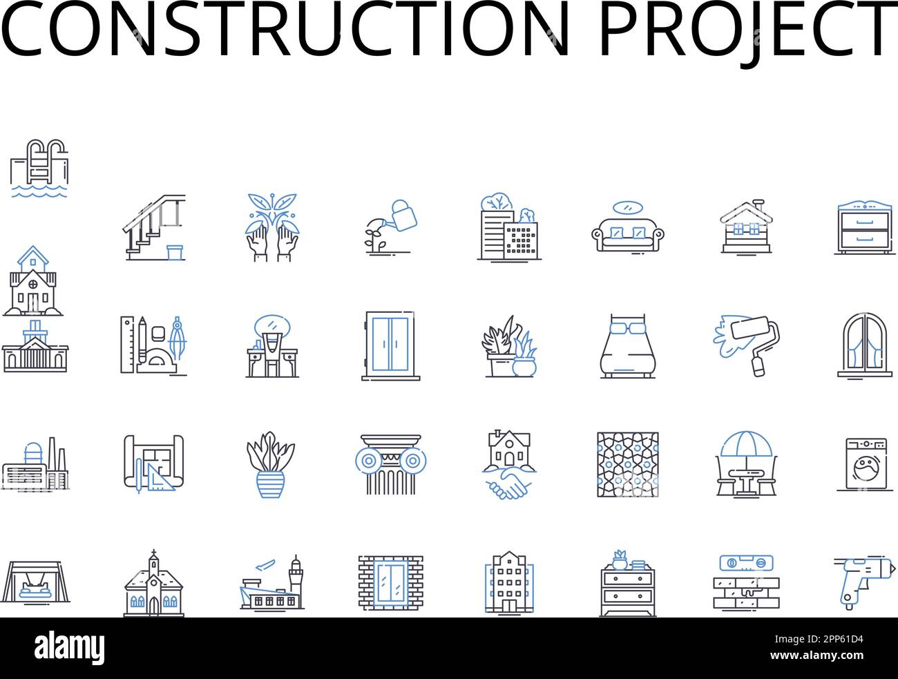 Collection d'icônes de ligne de projet de construction. Entreprise commerciale, campagne marketing, stratégie publicitaire, plan de développement, projet d'expansion Illustration de Vecteur