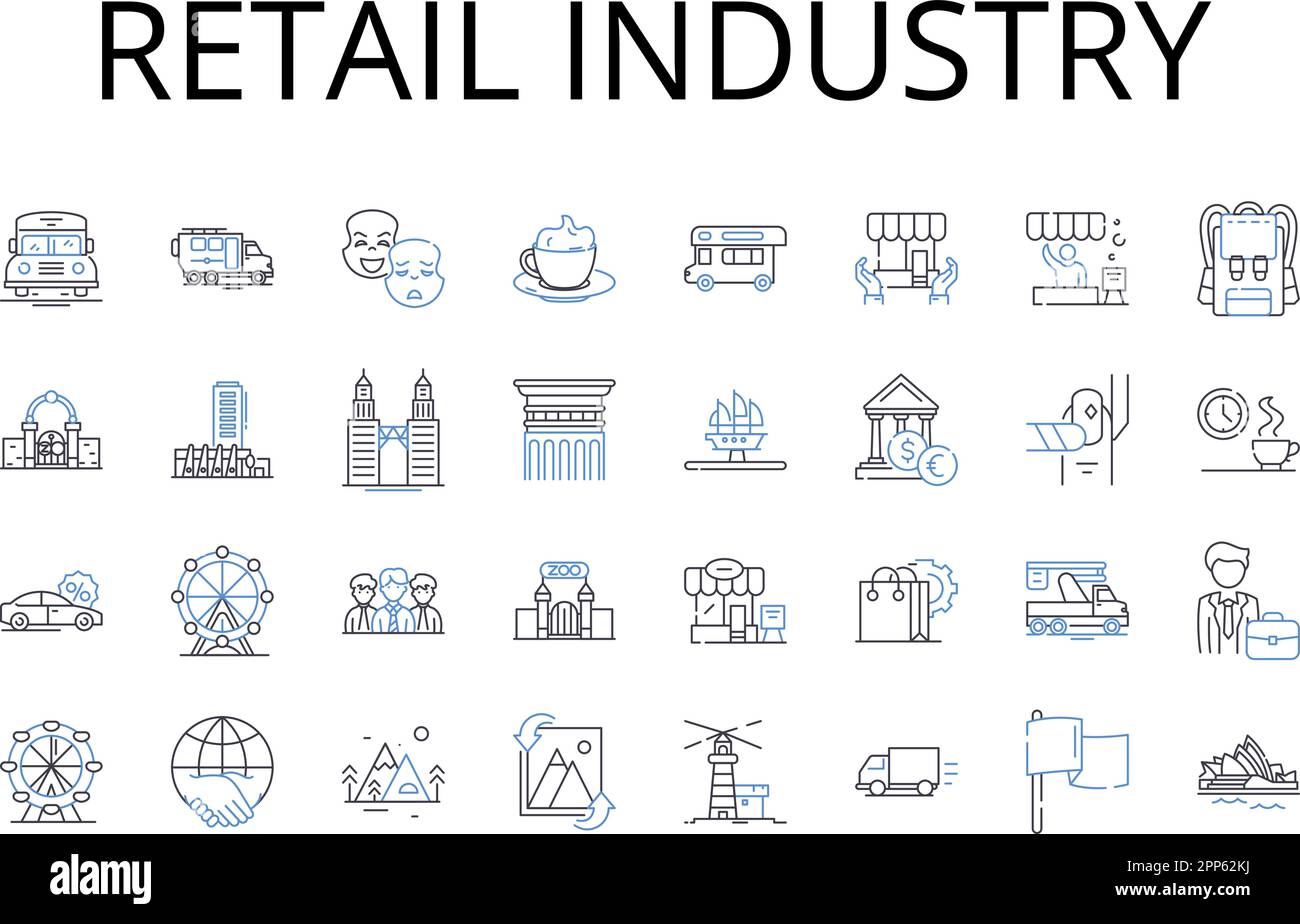 Collection d'icônes du secteur de la vente au détail. Secteur de la publicité, secteur de la mode, secteur bancaire, secteur de la construction, scène de jeu, Industrie cinématographique, Santé Illustration de Vecteur