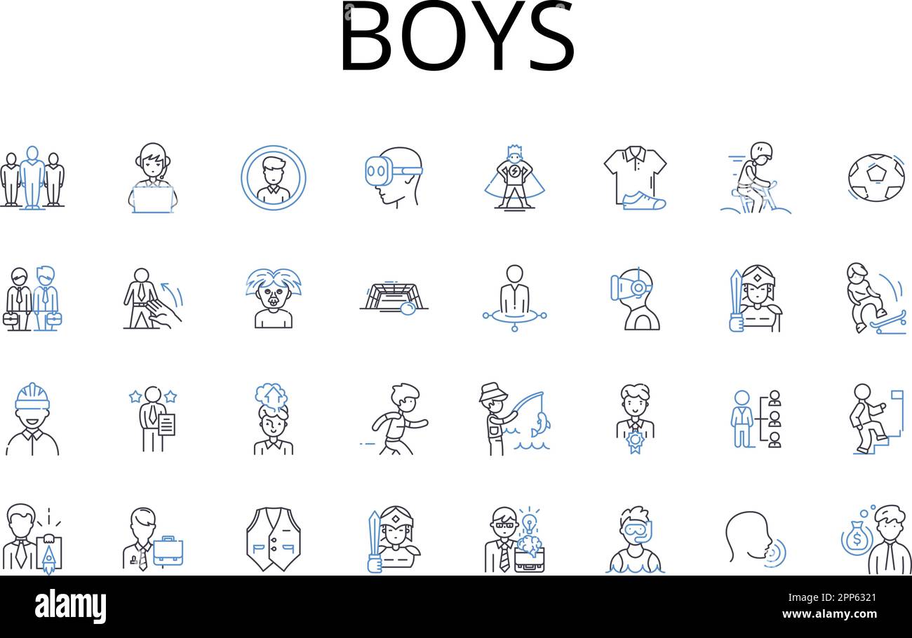 Collection d'icônes pour garçons. Hommes, gars, hommes, Dudes, Bros, Lads, Gentlemen vecteur et illustration linéaire. Blokes,fellas,fils Outline pancartes set Illustration de Vecteur