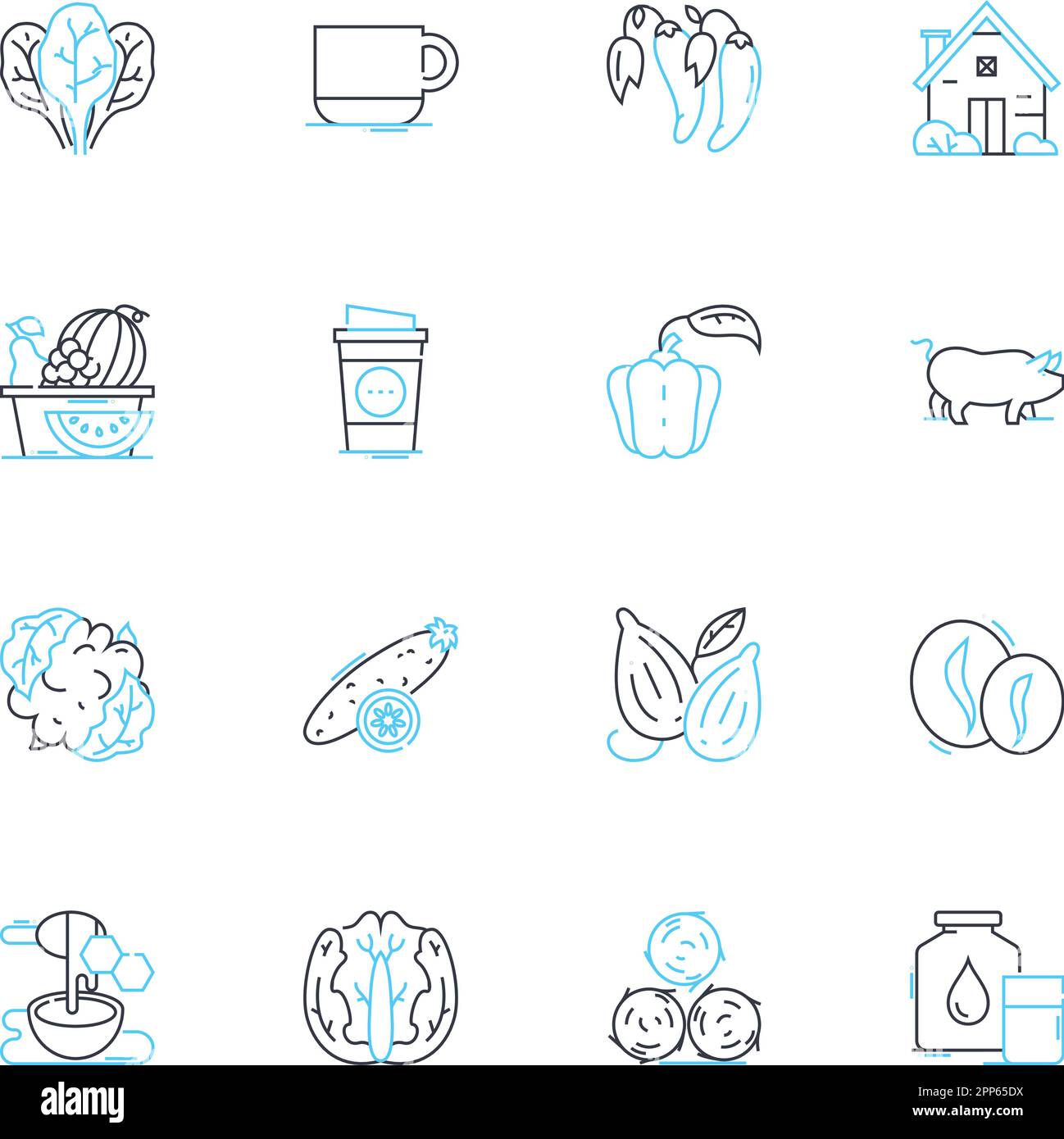 Ensemble d'icônes linéaires pour le marché de l'horticulture. Pépinières, serres, plantules, engrais, compost, Pesticides, vecteur de la ligne de rotation des cultures et signes conceptuels Illustration de Vecteur