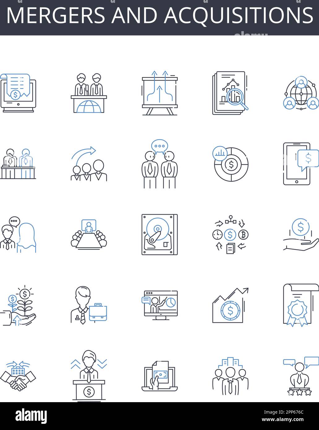 Collection d'icônes de ligne fusions et acquisitions. Technique, système, approche, processus, Méthodologie, Protocole, vecteur de plan et illustration linéaire Illustration de Vecteur