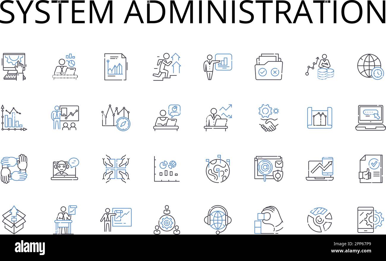 Collection d'icônes de ligne d'administration système. Gestion de Nerk, cybersécurité, support INFORMATIQUE, gestion des utilisateurs, analyse des données, Cloud computing, projet Illustration de Vecteur
