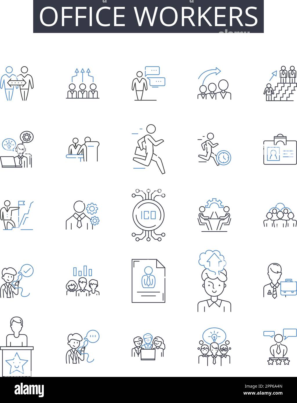 Collection d'icônes de la ligne des employés de bureau. Jockeys de bureau, habitants de bureaux, employés de cols blancs, professionnels d'affaires, personnel administratif, Papier Illustration de Vecteur