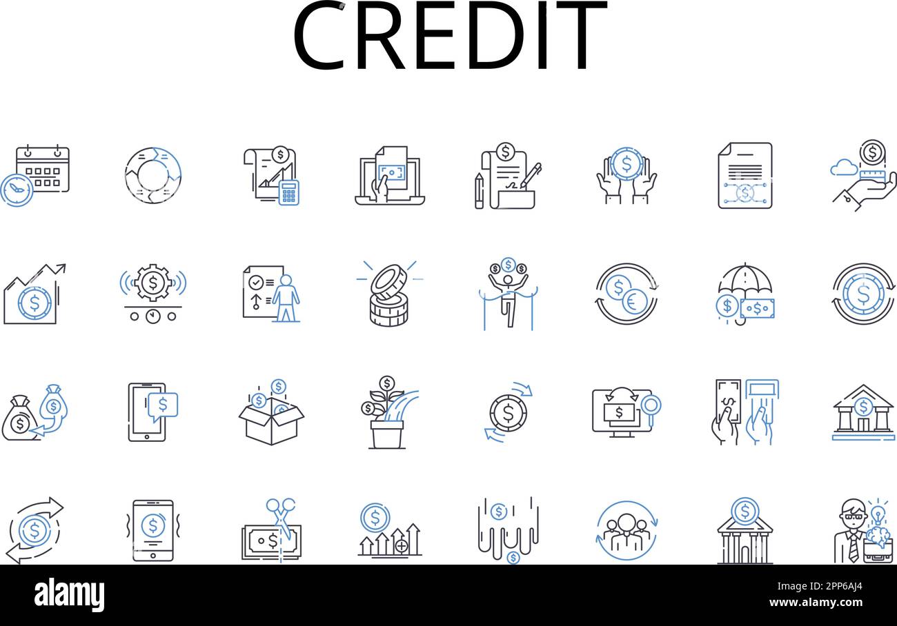 Collection d'icônes de ligne de crédit. Dette, finances, prêt, espèces, fiducie, Paiement, vecteur hypothécaire et illustration linéaire. Fonds,emprunt,prêter des signes de contour Illustration de Vecteur