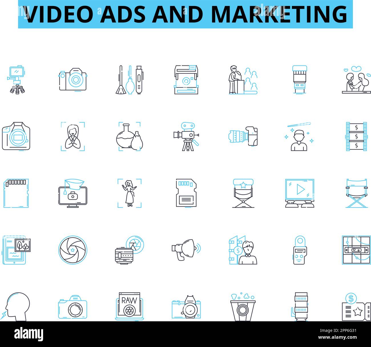 Jeux d'icônes linéaires de publicité vidéo et de marketing. Engagement, conversion, créativité, marquage, analyses, Optimisation, vecteur de ligne de portée et signes de concept Illustration de Vecteur