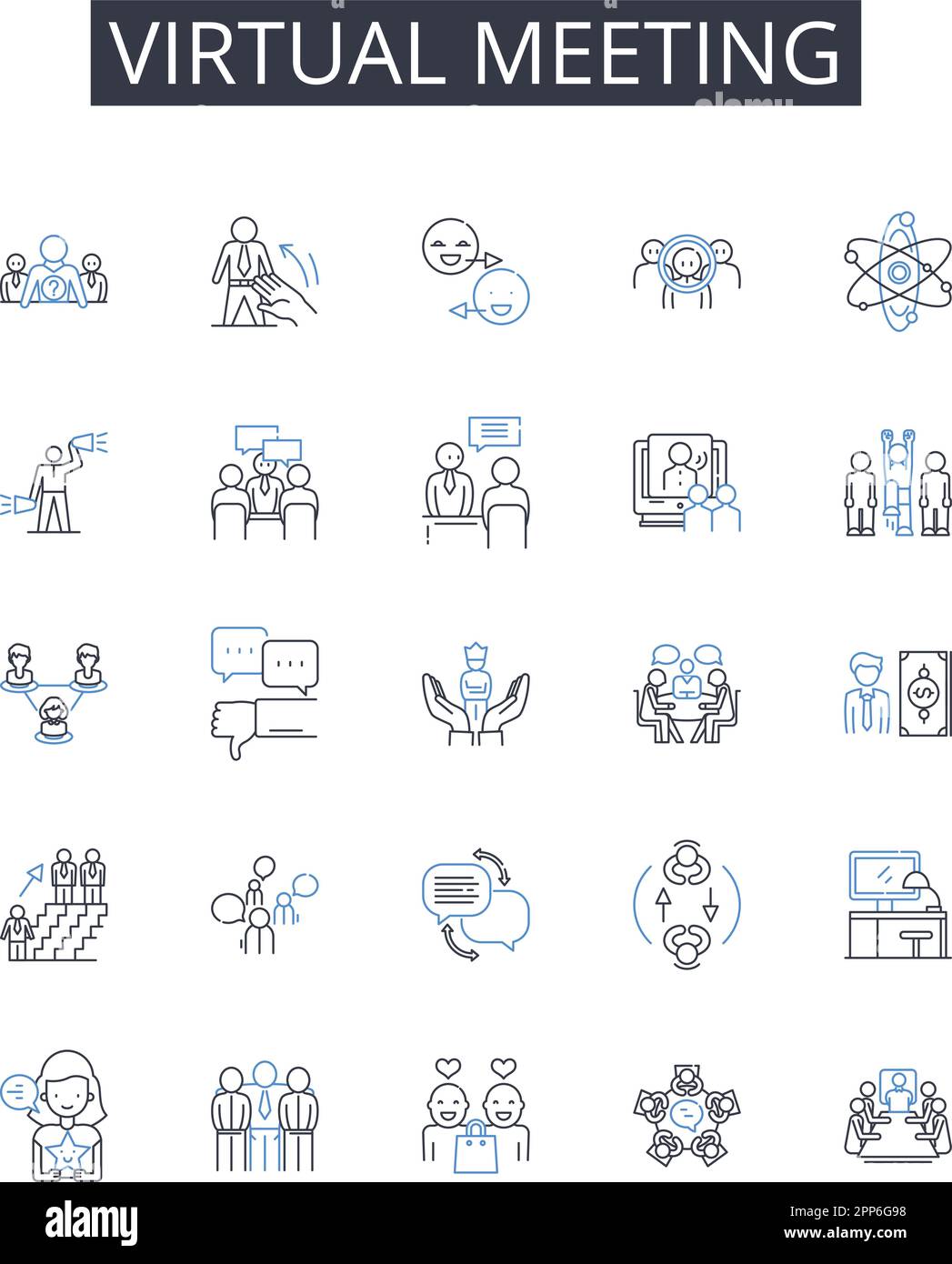 Collection d'icônes de ligne de réunion virtuelle. Conférence en ligne, rassemblement numérique, présentation à distance, assemblage électronique, session de webinaire, Chat vidéo Illustration de Vecteur