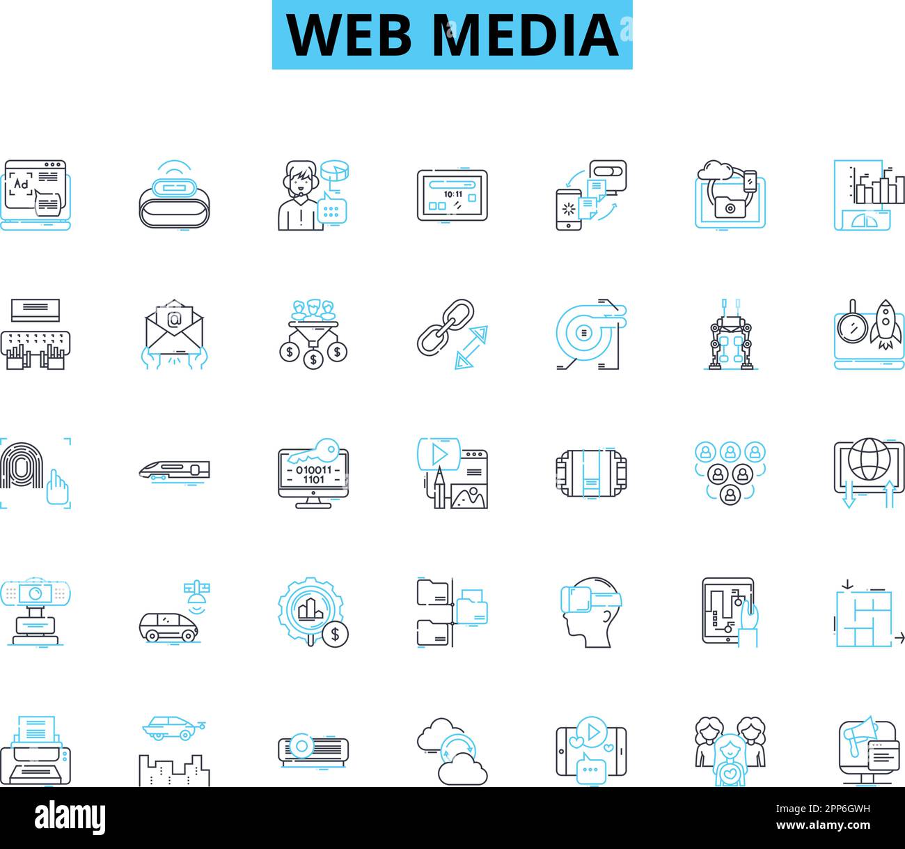 Jeu d'icônes linéaires de support Web. Streaming, Blogging, socialisation, Podcasts, Vlogging, Analyses, vecteur de ligne de ciblage et signes conceptuels. Viral,partage Illustration de Vecteur