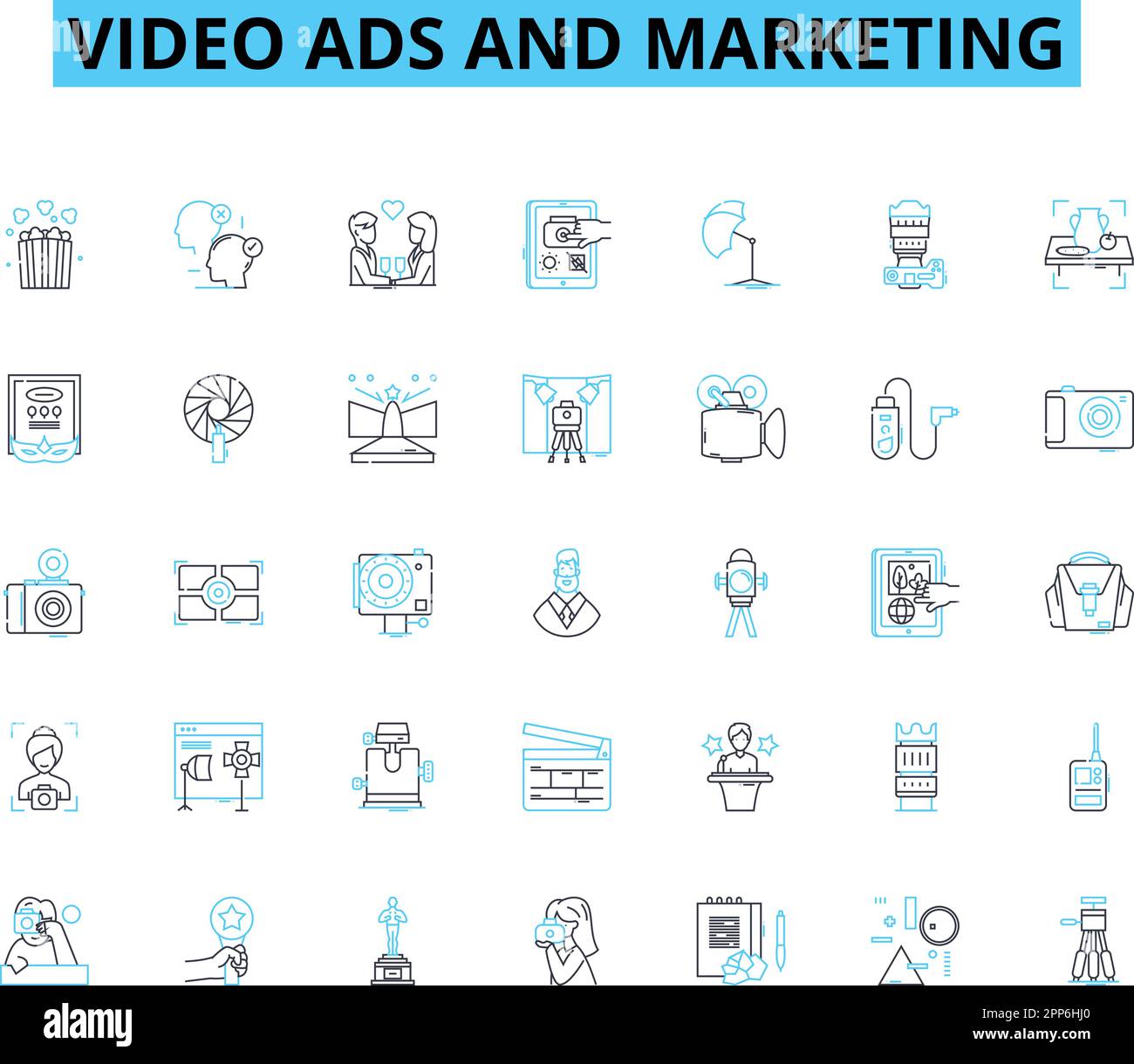 Jeux d'icônes linéaires de publicité vidéo et de marketing. Engagement, conversion, créativité, marquage, analyses, Optimisation, vecteur de ligne de portée et signes de concept Illustration de Vecteur