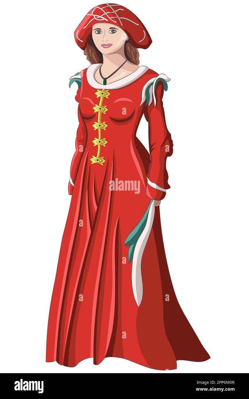 Belle jeune fille dans un vieux costume rouge médiéval isolé sur fond blanc. Illustration vectorielle. Illustration de Vecteur