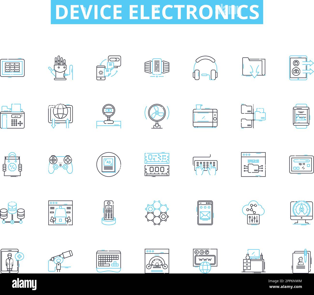 Ensemble d'icônes linéaires de l'électronique du périphérique. Smartph, tablette, ordinateur portable, ordinateur, moniteur, Clavier, vecteur de ligne de souris et signes de concept. Imprimante,en-têtes Illustration de Vecteur