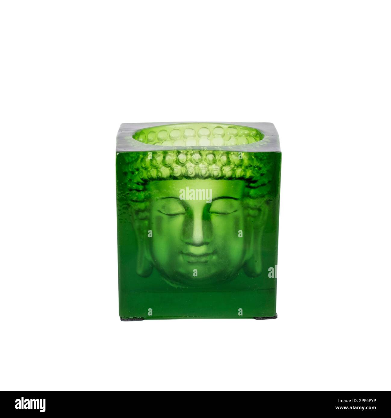 porte-bougie bouddha en verre vert isolé sur blanc Banque D'Images