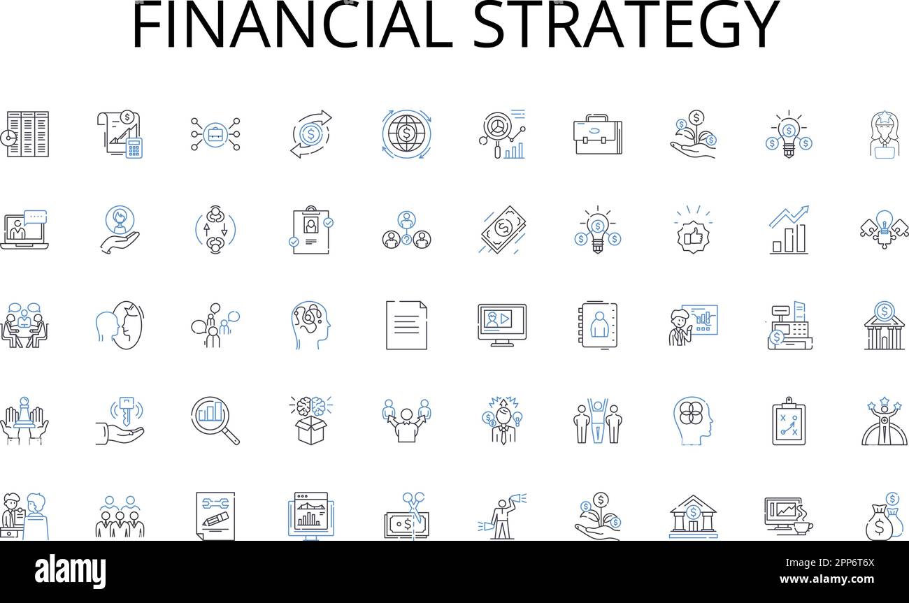 Collection d'icônes de ligne de stratégie financière. Efficacité, chiffre d'affaires, réduction des coûts, analyse, marge, Investissement, vecteur de productivité et illustration linéaire Illustration de Vecteur