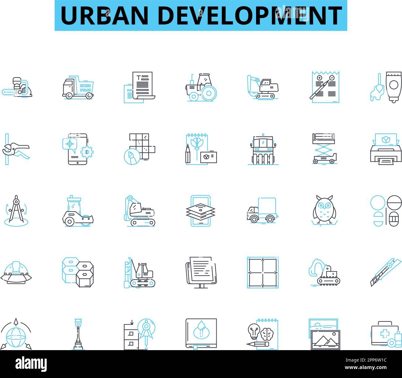 Ensemble d'icônes linéaires pour le développement urbain. Gentrification, redéveloppement, densité, infrastructure, zonage, Étalement, vecteur de ligne de revitalisation et concept Illustration de Vecteur