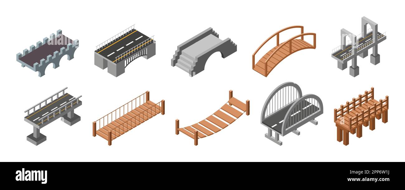 Routes de rivière isométriques. Ponts de canal. Ingénierie de la tour. L'autoroute de l'eau moderne et le point de repère de la ville. Construction de bâtiments. Passerelles en bois et en pierre. Ensemble d'éléments urbains pour illustrations vectorielles plates Illustration de Vecteur