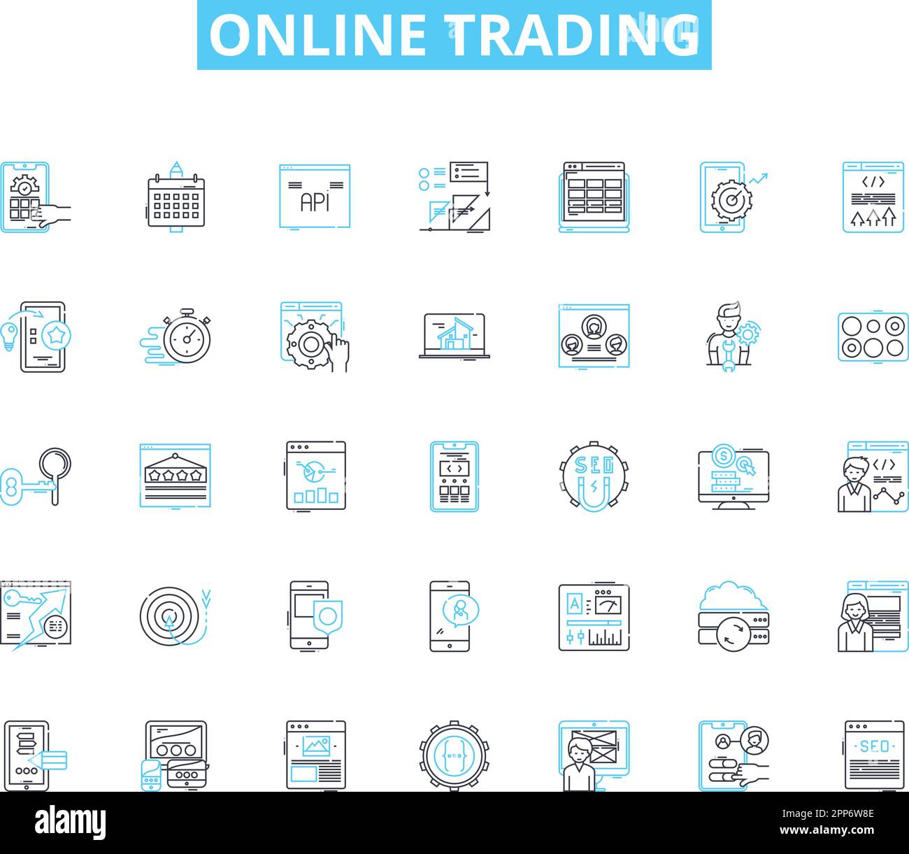 Jeu d'icônes linéaires de trading en ligne. Actions, Forex, crypto-monnaie, Options, futures, Courtage, vecteur de ligne de négociation et signes de concept. Dérivés Illustration de Vecteur