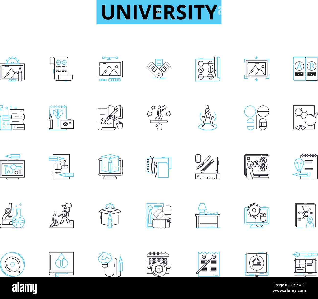 Jeu d'icônes linéaires université. Universitaires, Campus, éducation, Etudiant, Faculté, Recherche, vecteur de la ligne de diversité et signes conceptuels. Communauté,réussite Illustration de Vecteur