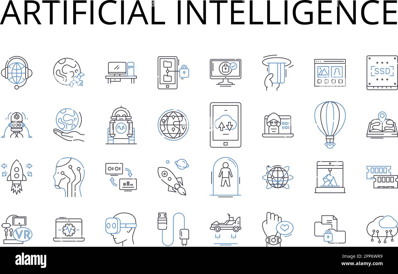 Collection d'icônes de ligne d'intelligence artificielle. Apprentissage machine, informatique cognitive, automatisation numérique, systèmes autonomes, intelligence robotique Illustration de Vecteur