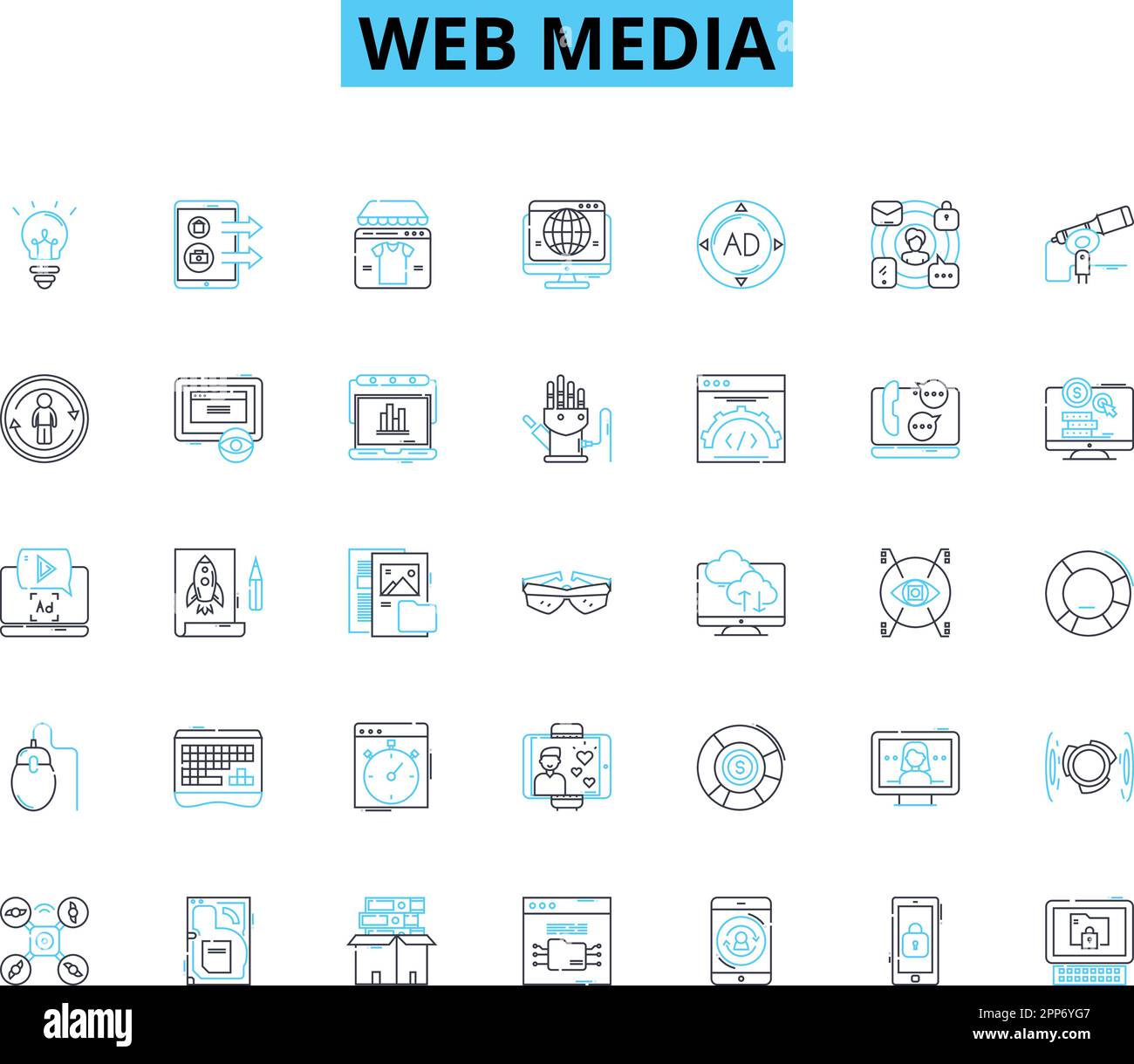 Jeu d'icônes linéaires de support Web. Streaming, Blogging, socialisation, Podcasts, Vlogging, Analyses, vecteur de ligne de ciblage et signes conceptuels. Viral,partage Illustration de Vecteur