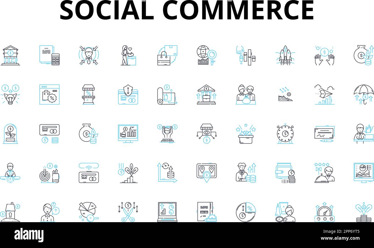 Ensemble d'icônes linéaires de commerce social. Marketplace, E-commerce, Shopping, influenceurs, Publicité, Ventes, réductions symboles vectoriels et panneaux de concept de ligne Illustration de Vecteur
