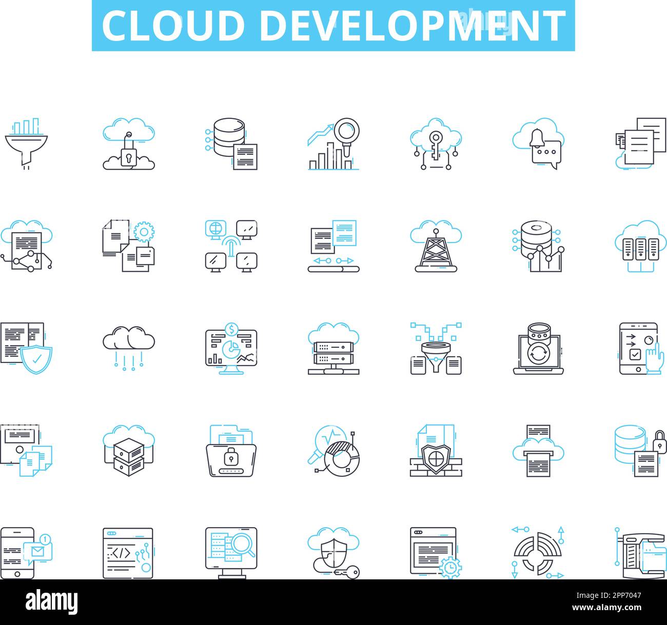 Ensemble d'icônes linéaires de développement de cloud. Évolutivité, virtualisation, automatisation, conteneurisation, DevOps, Microservices, vecteur de ligne natif au cloud et Illustration de Vecteur