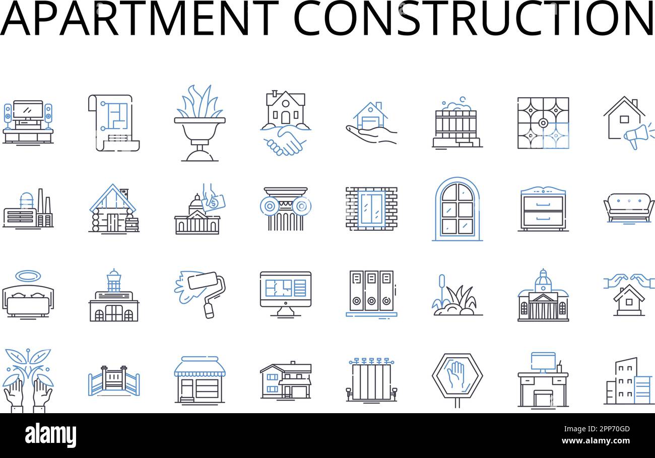 Collection d'icônes de ligne de construction d'appartement. Bâtiment, rénovation de bureau, expansion d'hôtel, développement de la vente au détail, construction d'écoles, Hôpital Illustration de Vecteur