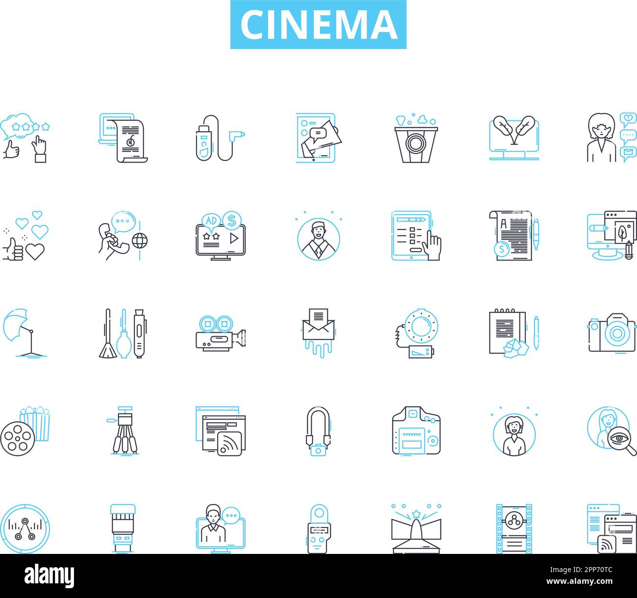 Ensemble d'icônes linéaires cinéma. Film, action, drama, Comedy, Romance, Thriller, vecteur de ligne d'horreur et signes de concept. Aventure,Sci-fi,esquisse de fantaisie Illustration de Vecteur