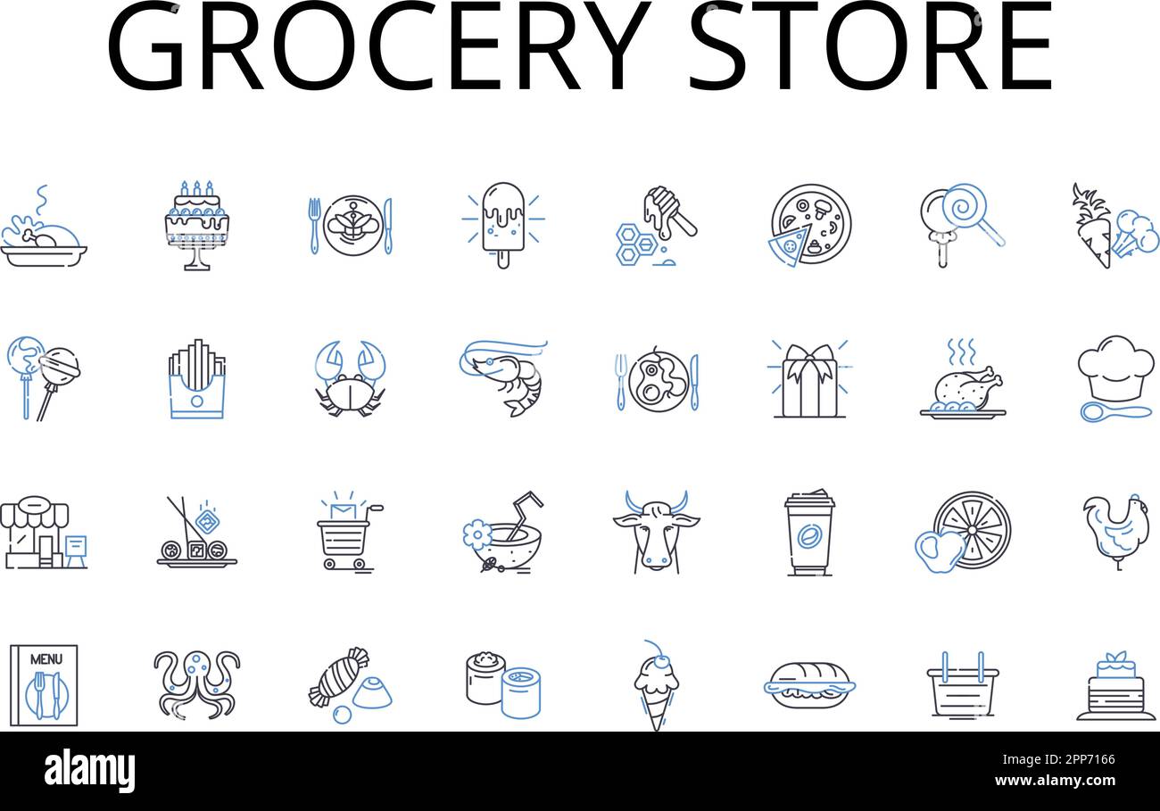 Collection d'icônes pour les magasins d'épicerie. Magasin de proximité, supermarché, magasin de provision, magasin d'angle, marché, Magasin spécialisé, vecteur du marché alimentaire Illustration de Vecteur