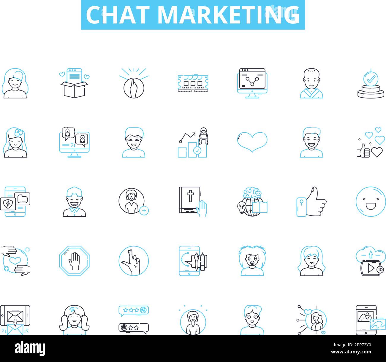 Jeu d'icônes linéaires de marketing de chat. Conversation, engagement, personnalisation, automatisation, segmentation, Ciblage, vecteur de ligne de conversation et Illustration de Vecteur