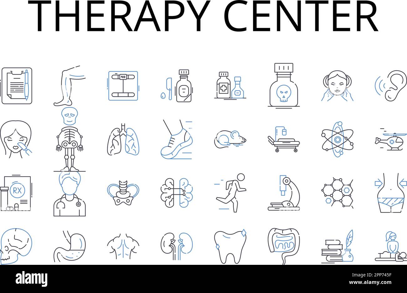 Collection d'icônes de la ligne centrale de thérapie. Clinique de santé, spa de bien-être, centre de traitement, centre de guérison, maison de récupération, Centre de remise en forme Illustration de Vecteur