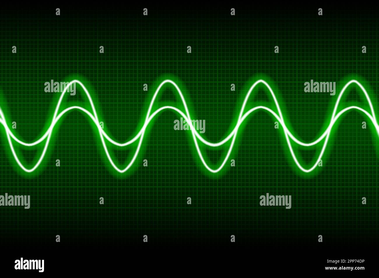Courbe cosinus vert néon abstrait sur écran numérique d'oscilloscope sombre. Ondes c.a. électriques oscillantes. Égaliseur numérique. Expérience scientifique. Illustration de Vecteur