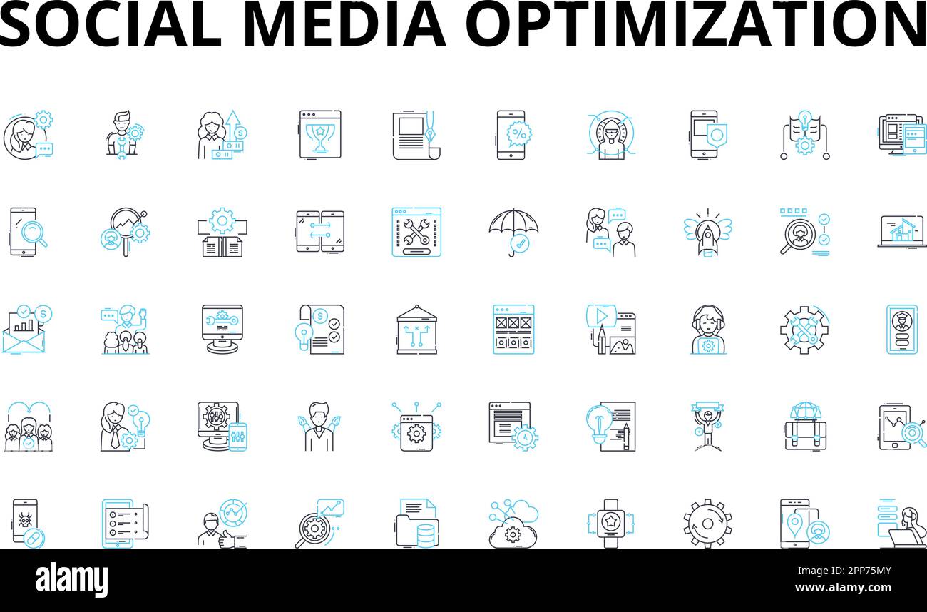 Ensemble d'icônes linéaires d'optimisation des médias sociaux. Marquage, engagement, partage, visibilité, contenu, Analyse, symboles vectoriels hashtags et concept de ligne Illustration de Vecteur