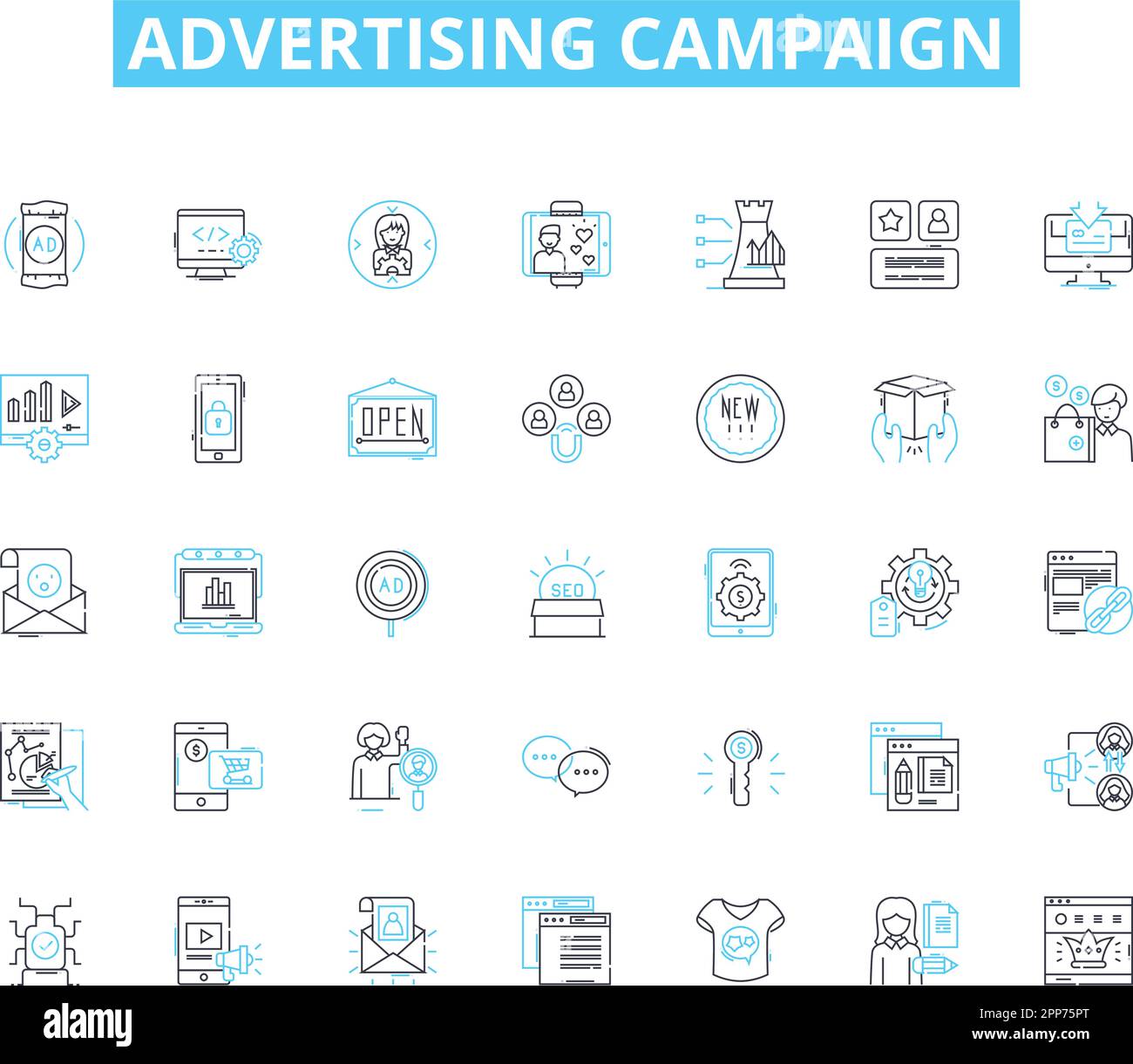 Ensemble d'icônes linéaires de campagne publicitaire. Créativité, stratégie, ciblage, message, marquage, Sensibilisation, vecteur de ligne d'engagement et signes conceptuels Illustration de Vecteur