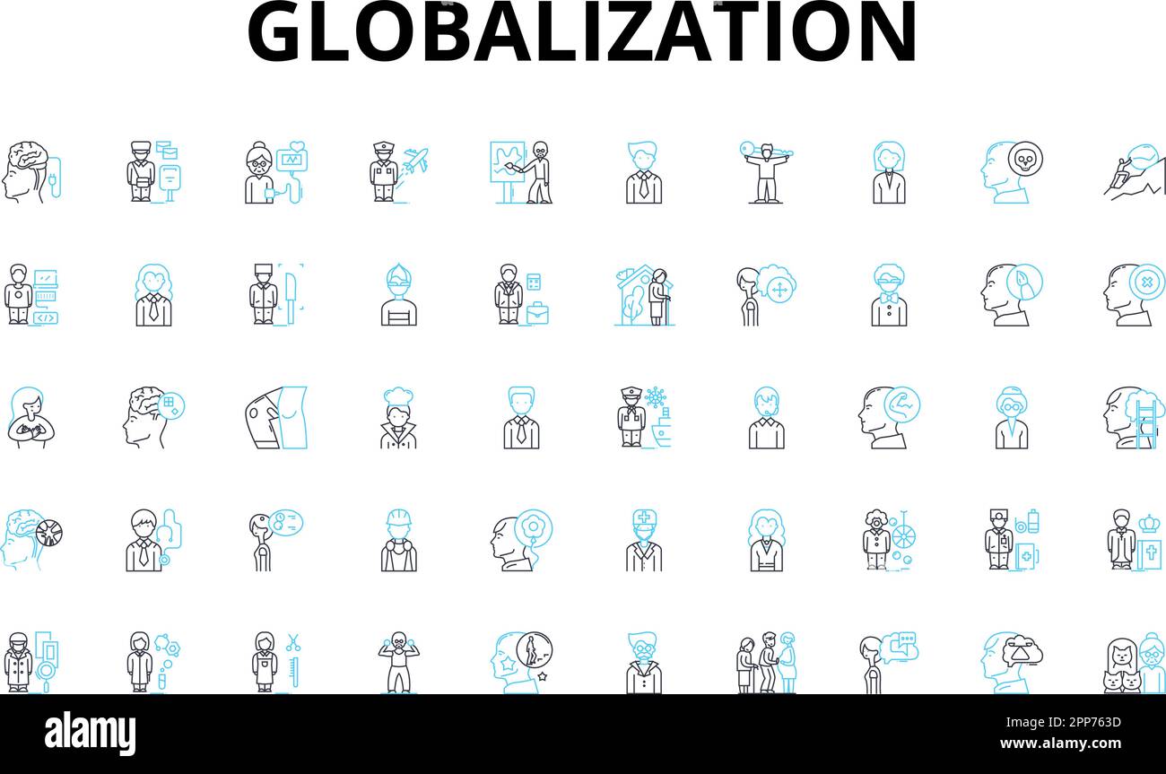 Ensemble d'icônes linéaires de globalisation. Interconnectivité, intégration, interdépendance, homogénéisation, échange culturel, Normalisation Illustration de Vecteur