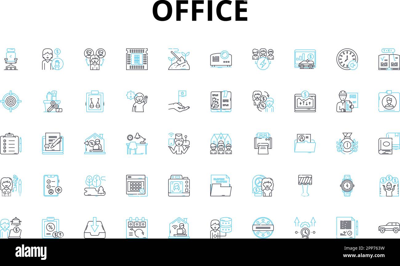 Jeu d'icônes linéaires Office. Bureau, ordinateur, imprimante, pH, classement, Réunion, symboles vectoriels du président et panneaux de concept de ligne. Espace de travail,Statiry,clavier Illustration de Vecteur