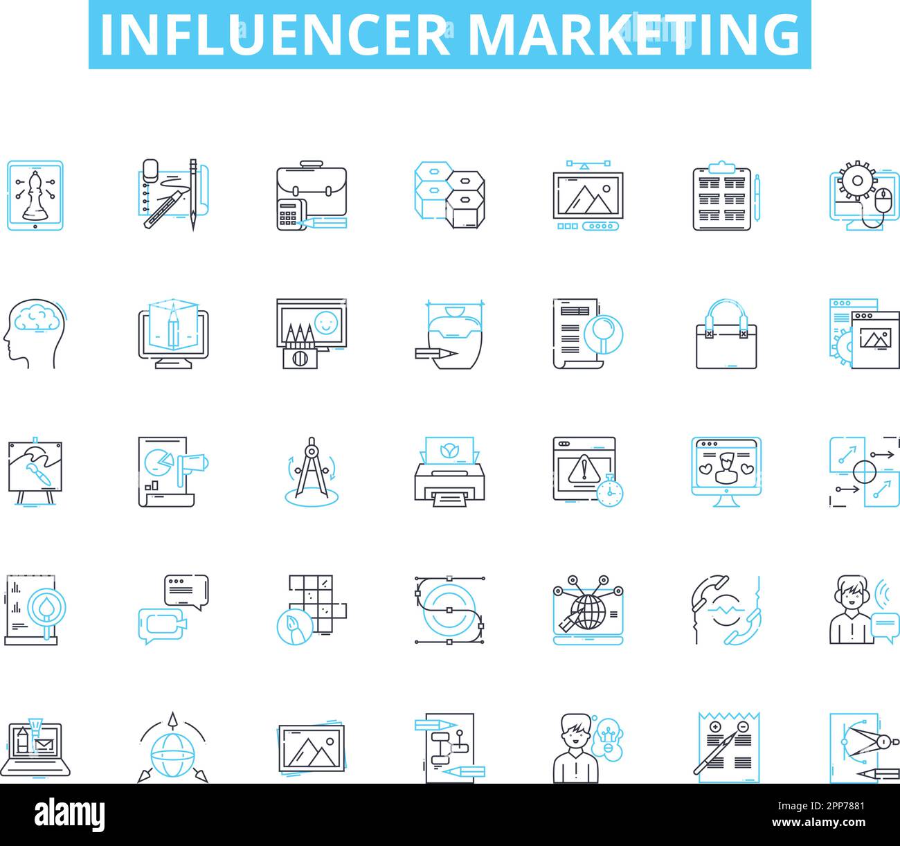 Jeu d'icônes linéaires de marketing d'influenceur. Influence, engagement, collaboration, marquage, médias sociaux, Stratégie, vecteur de ligne de nerf et signes de concept Illustration de Vecteur