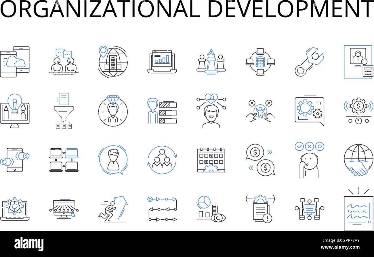 Collection d'icônes de ligne de développement organisationnel. Stratégie commerciale, gestion de projet, développement de produits, programmes d'apprentissage, formation en leadership Illustration de Vecteur
