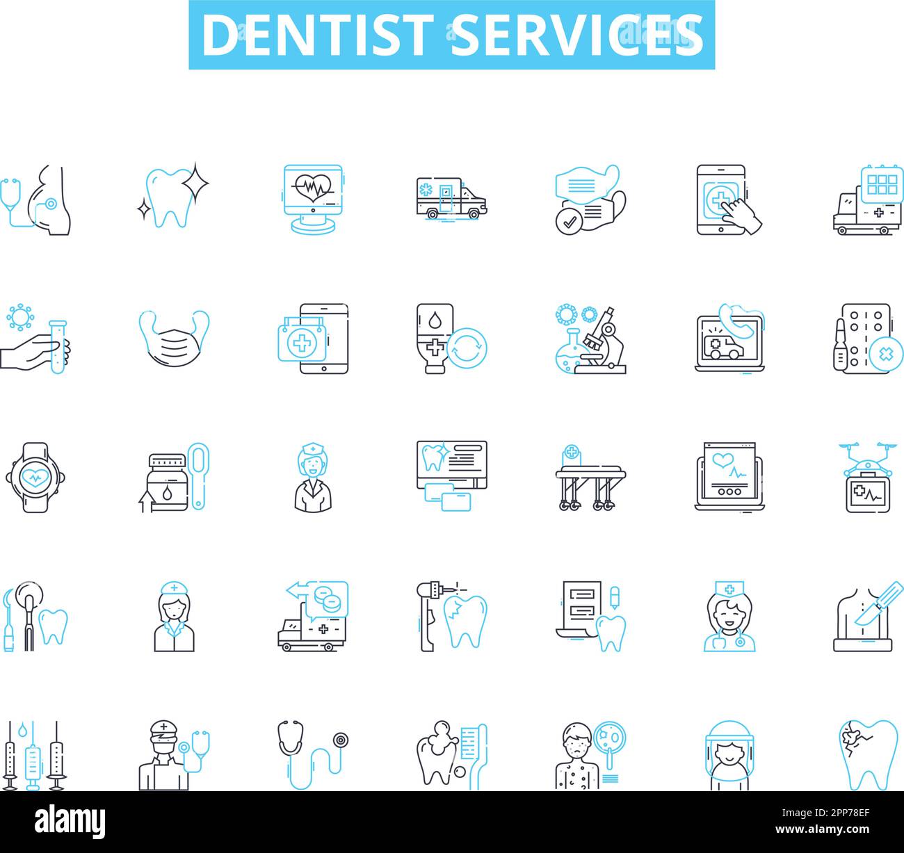 Ensemble d'icônes linéaires de services dentaires. Nettoyage, canal de racine, bretelles, blanchiment, remplissage, Extraction, vecteur de la ligne de la couronne et signes conceptuels. Implant Illustration de Vecteur