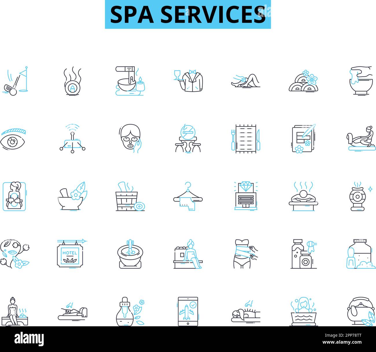 Services de spa, icônes linéaires. Relaxation, massage, aromathérapie, soins du visage, manucure, Pédicure, vecteur de la ligne Hot St et signes conceptuels. Ongles,thérapie Illustration de Vecteur