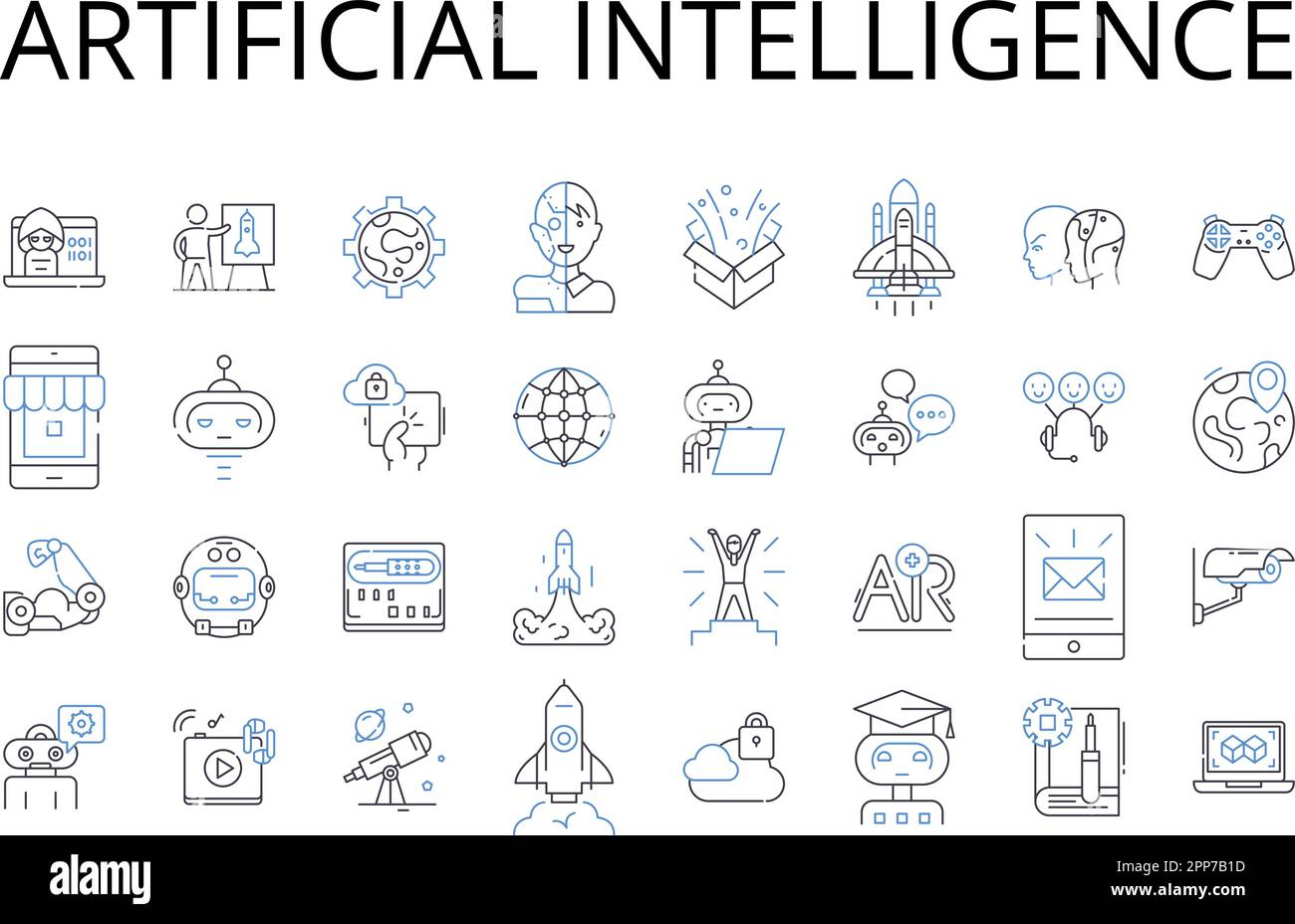 Collection d'icônes de ligne d'intelligence artificielle. Apprentissage machine, informatique cognitive, automatisation numérique, systèmes autonomes, intelligence robotique Illustration de Vecteur