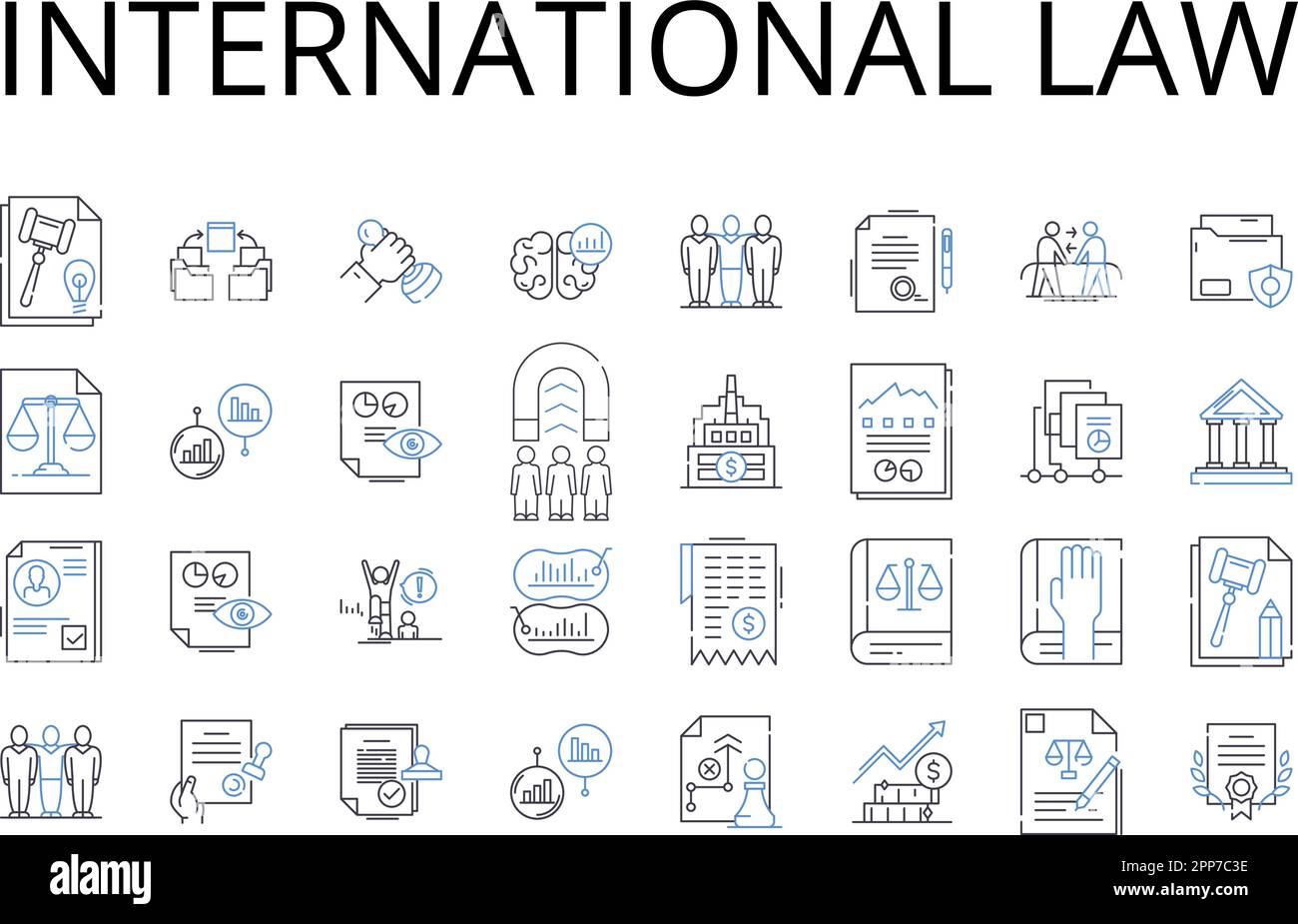 Collection d'icônes de la ligne de droit international. Droit maritime, finance d'entreprise, sciences de l'environnement, sciences politiques, propriété intellectuelle, Criminel Illustration de Vecteur