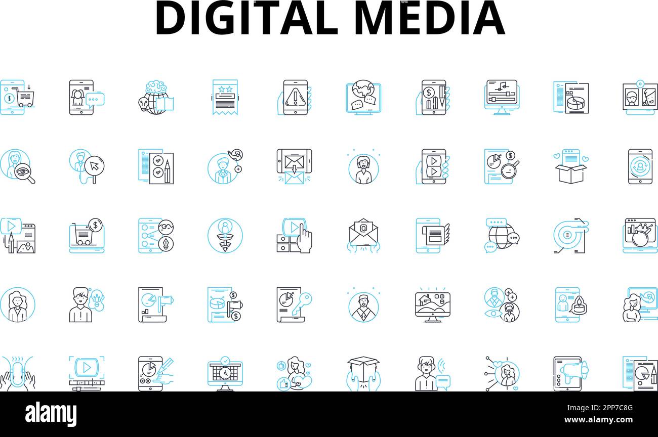 Jeu d'icônes linéaires de support numérique. Social, contenu, Marketing, Multimédia, viral, Engagement, symboles vectoriels d'analyse et symboles de concept de ligne Illustration de Vecteur